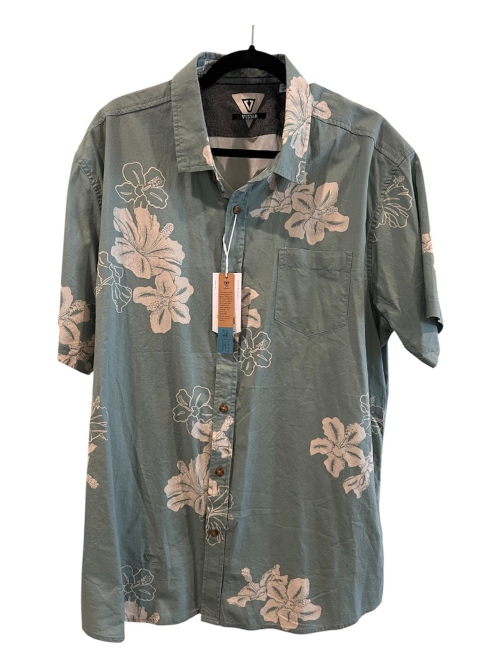 VISSLA Men’s Byebiscus Eco Green Floral Organic Cotton Button-Up Shirt NEW